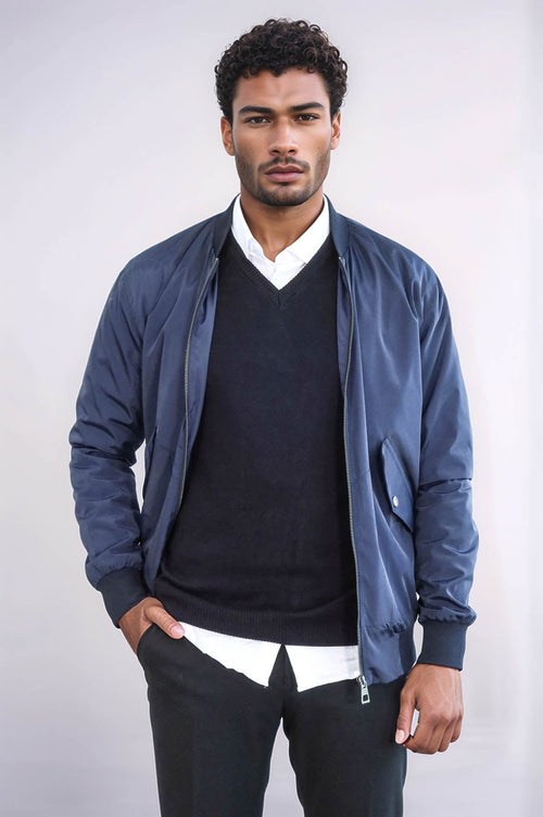 Flap Pockets Zippered Blue Men Bomber Coat - Wessi
