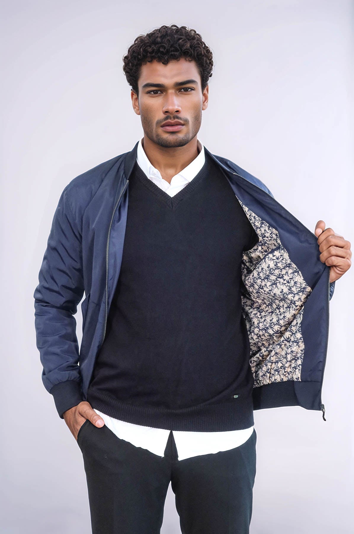 Flap Pockets Zippered Blue Men Bomber Coat - Wessi