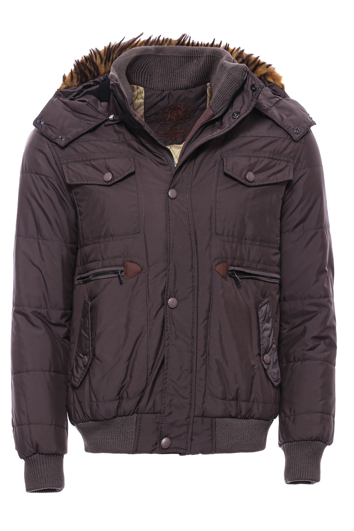 6 Pocket Bondite Zippered Hooded Brown Coat-Wessi
