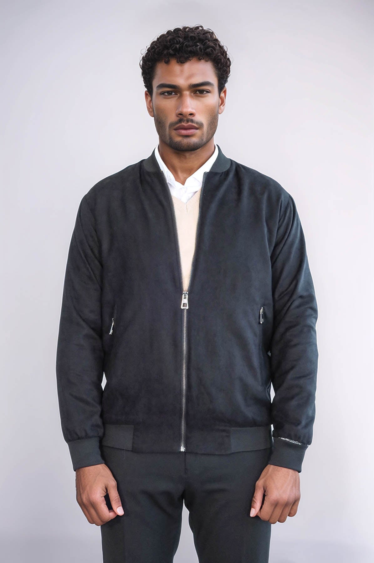 Plain Zippered Pockets Black Men Bomber Coat - Wessi