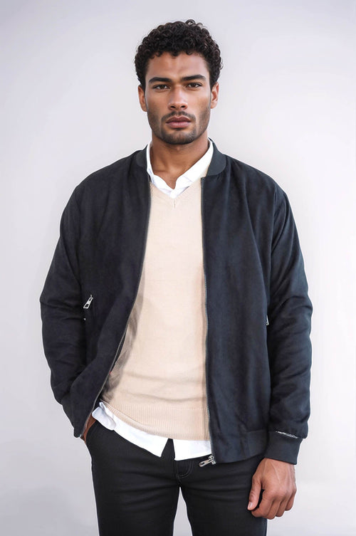 Plain Zippered Pockets Black Men Bomber Coat - Wessi