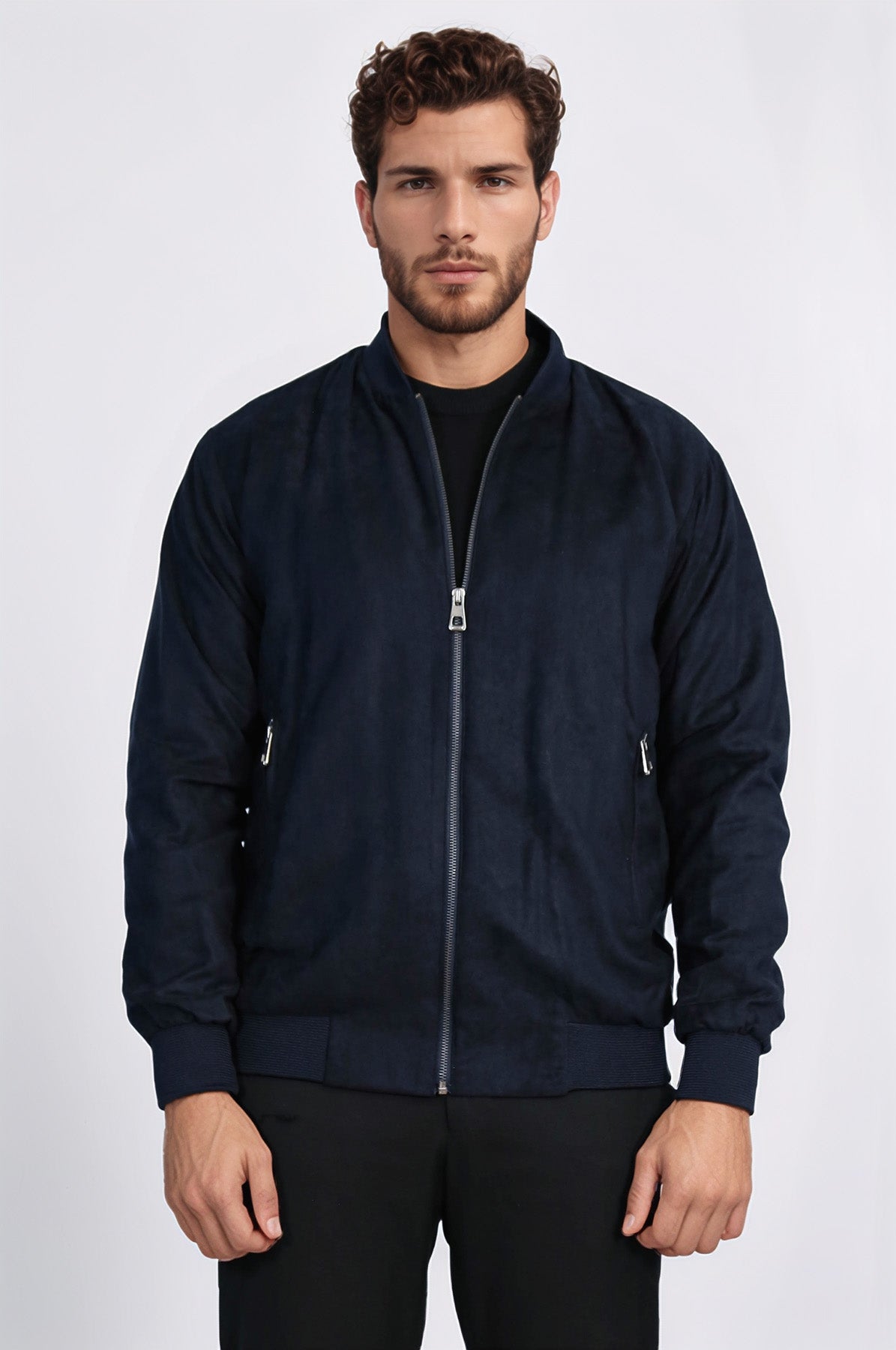 Plain Zippered Pockets Navy Blue Men Bomber Coat - Wessi