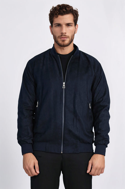 Plain Zippered Pockets Navy Blue Men Bomber Coat - Wessi