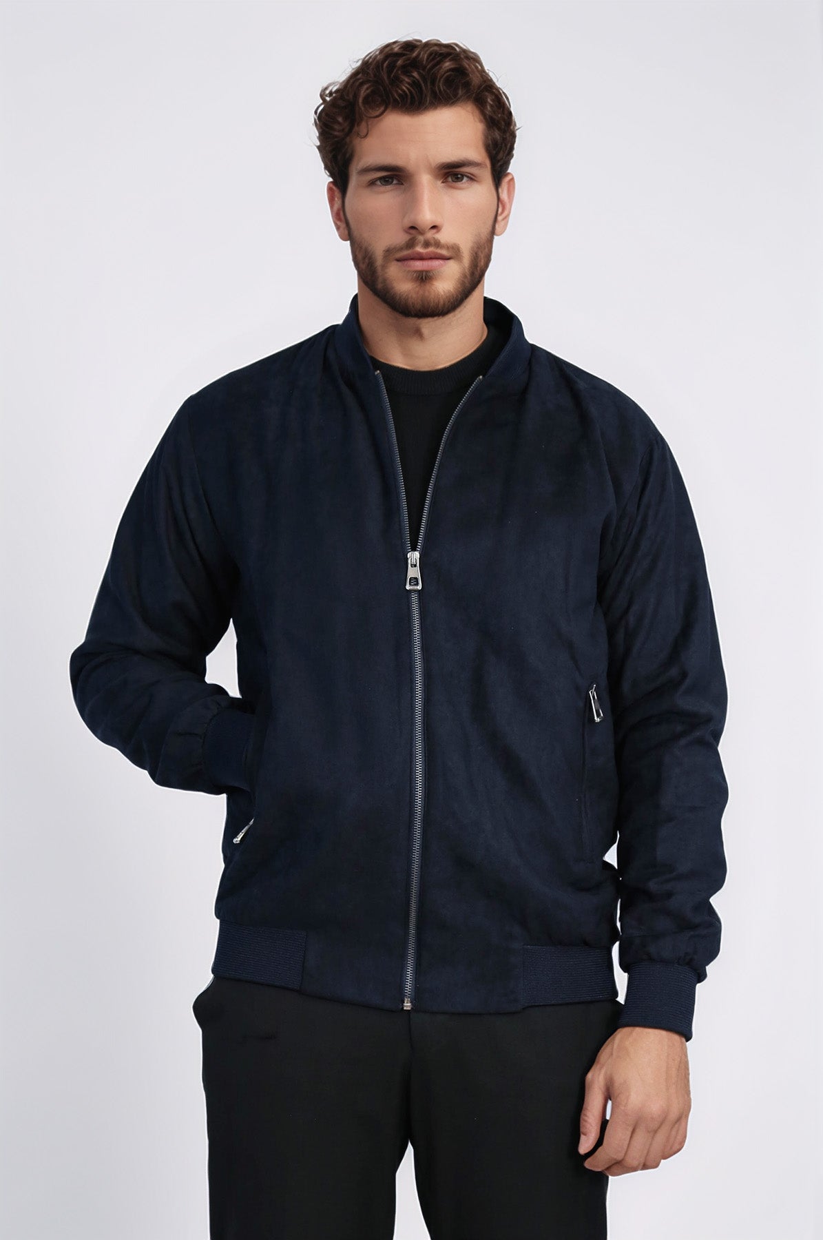 Plain Zippered Pockets Navy Blue Men Bomber Coat - Wessi