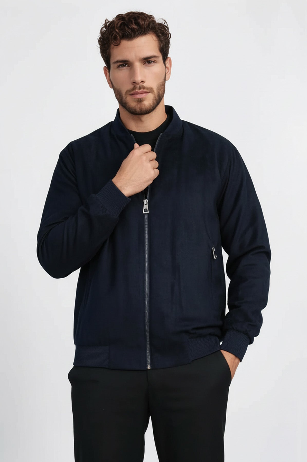 Plain Zippered Pockets Navy Blue Men Bomber Coat - Wessi