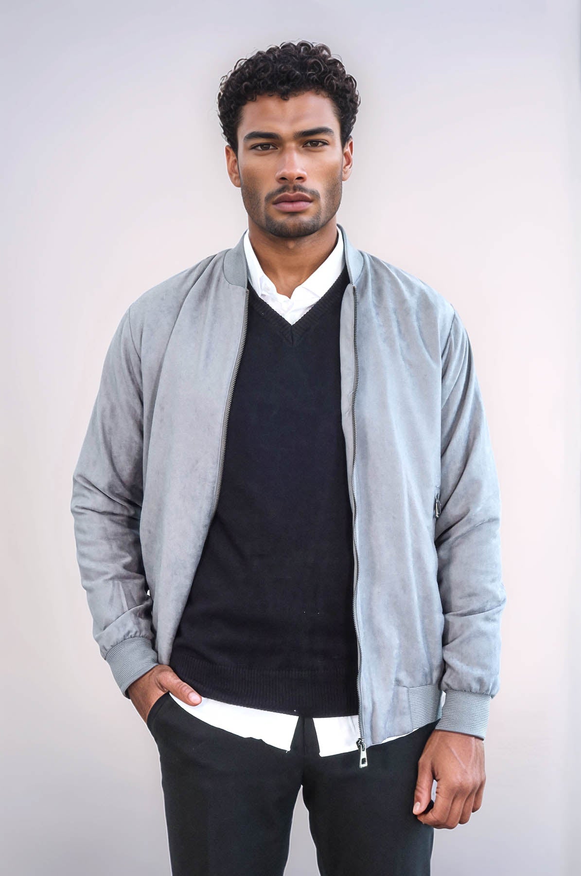 Plain Zippered Pockets Grey Men Bomber Coat - Wessi