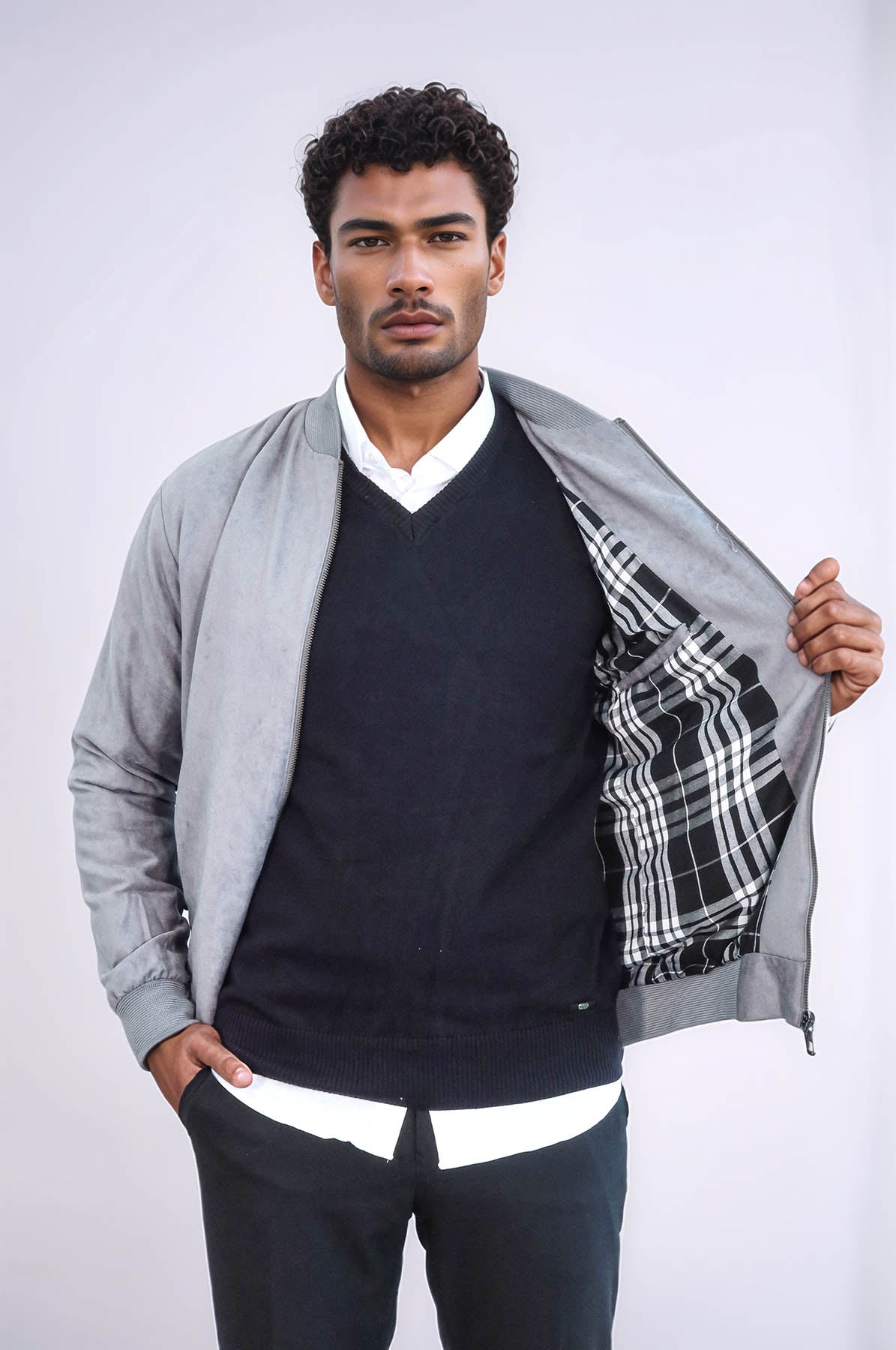 Plain Zippered Pockets Grey Men Bomber Coat - Wessi