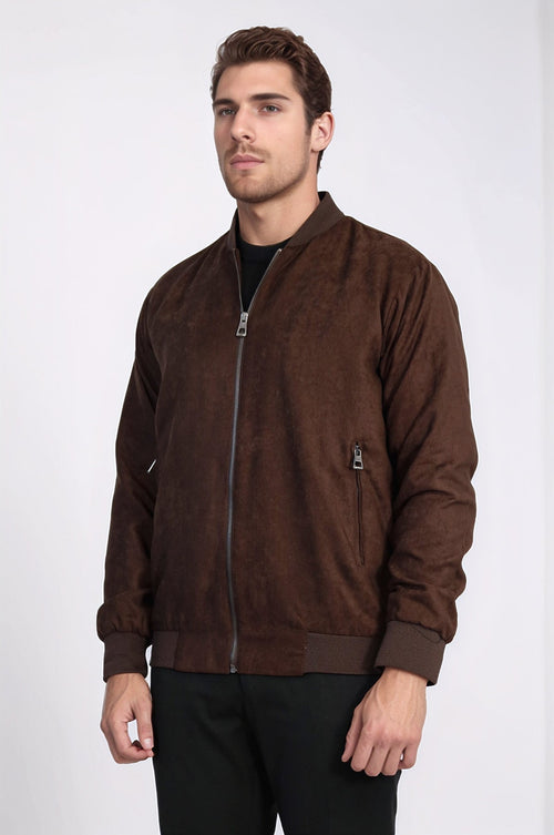 Plain Zippered Pockets Brown Men Bomber Coat - Wessi