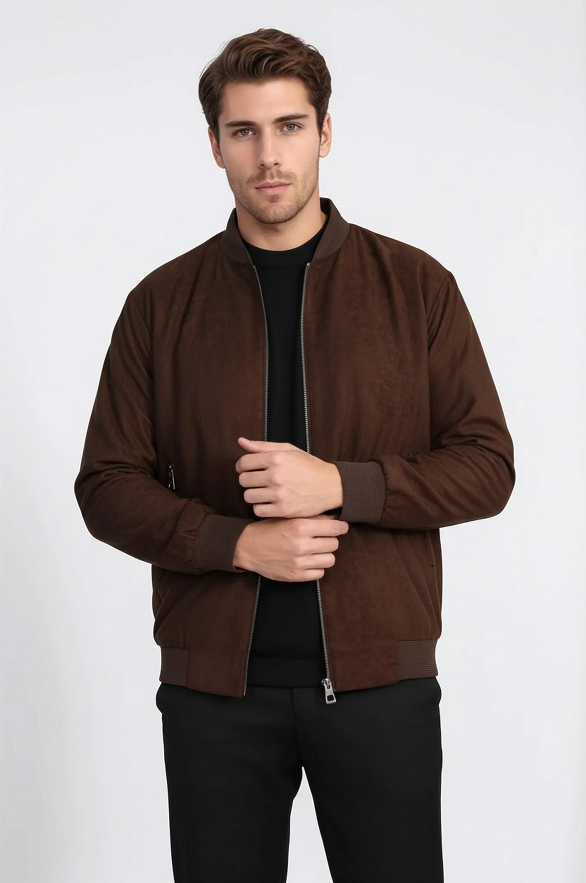 Plain Zippered Pockets Brown Men Bomber Coat - Wessi