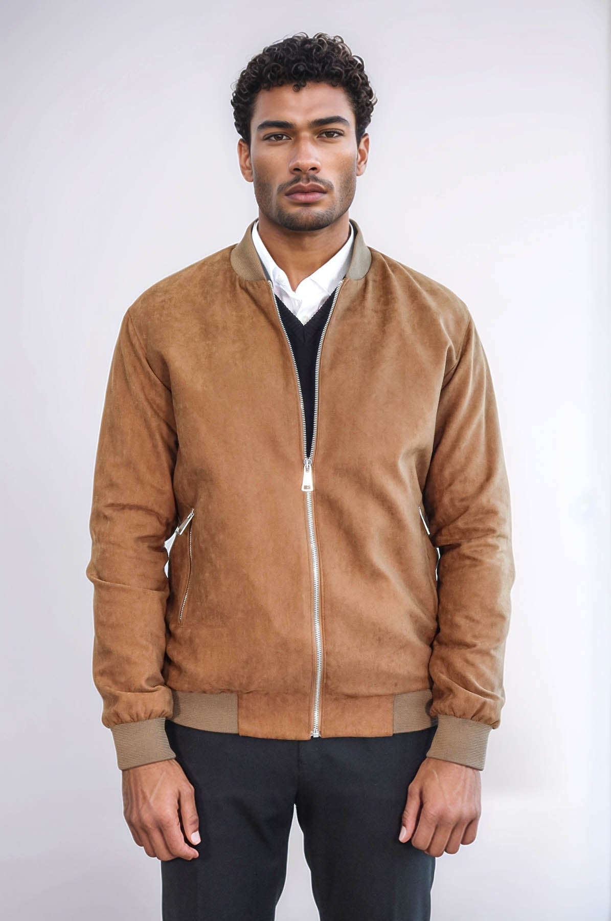 Plain Zippered Pockets Tan Men Bomber Coat - Wessi
