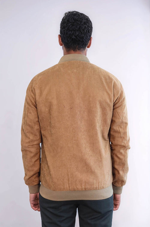 Plain Zippered Pockets Tan Men Bomber Coat - Wessi