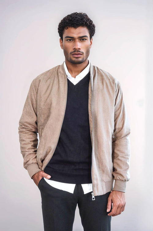 Plain Zippered Pockets Cream Men Bomber Coat - Wessi