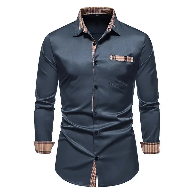 Men's Formal Slim Fit Long Sleeve Button-Up Shirt with Pocket