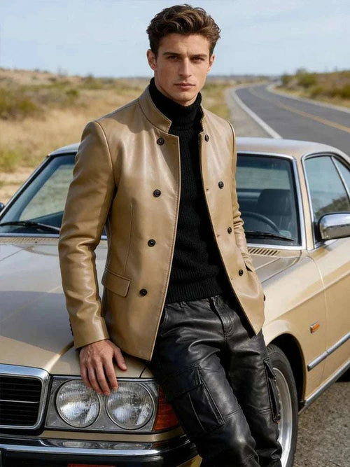 Men’s Stand Collar Faux Leather Double Breasted Blazer Koala Sydney 