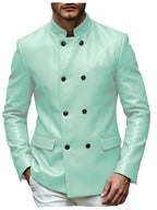 Men’s Stand Collar Faux Leather Double Breasted Blazer