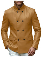 Men’s Stand Collar Faux Leather Double Breasted Blazer