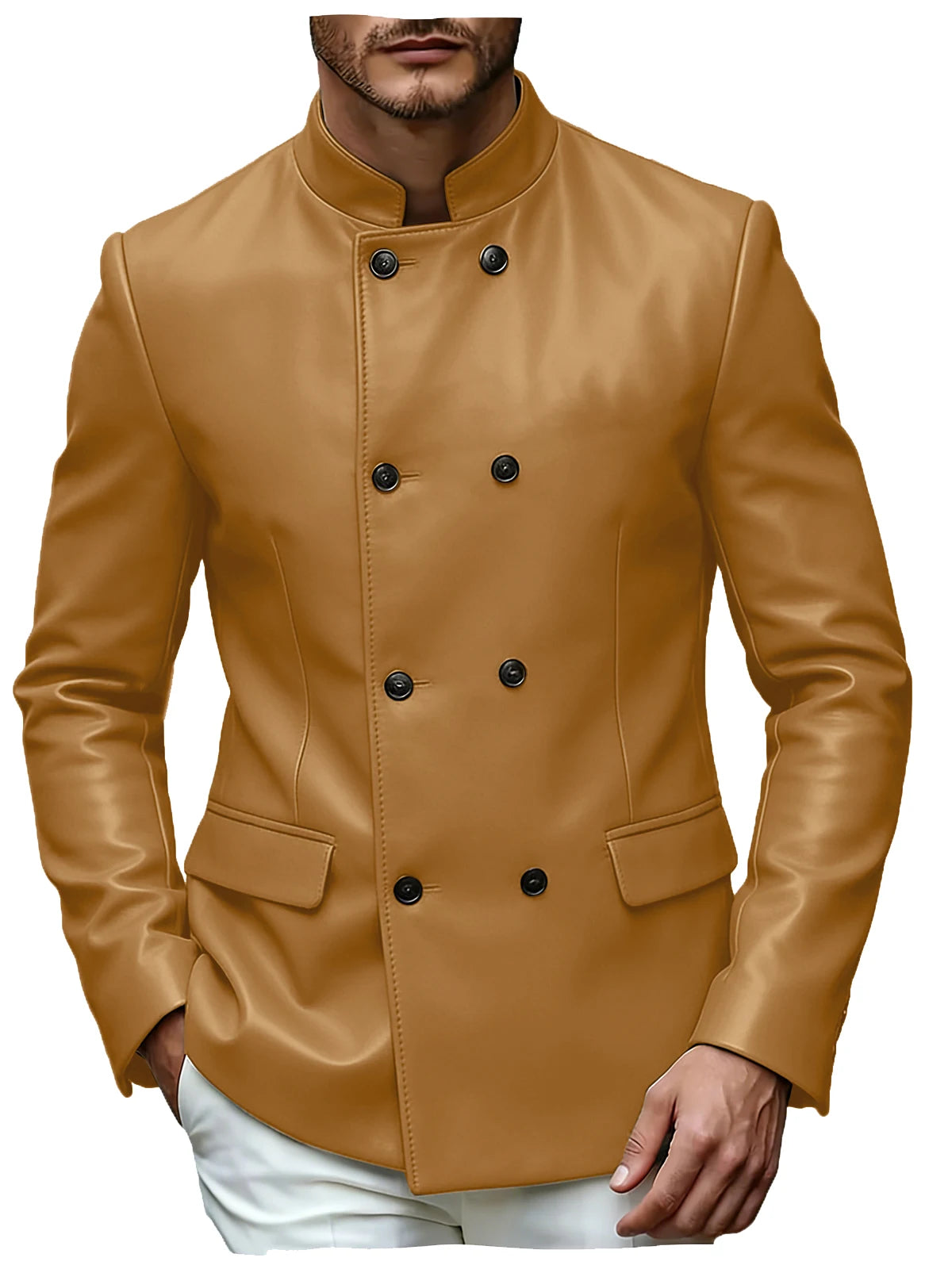Men’s Stand Collar Faux Leather Double Breasted Blazer