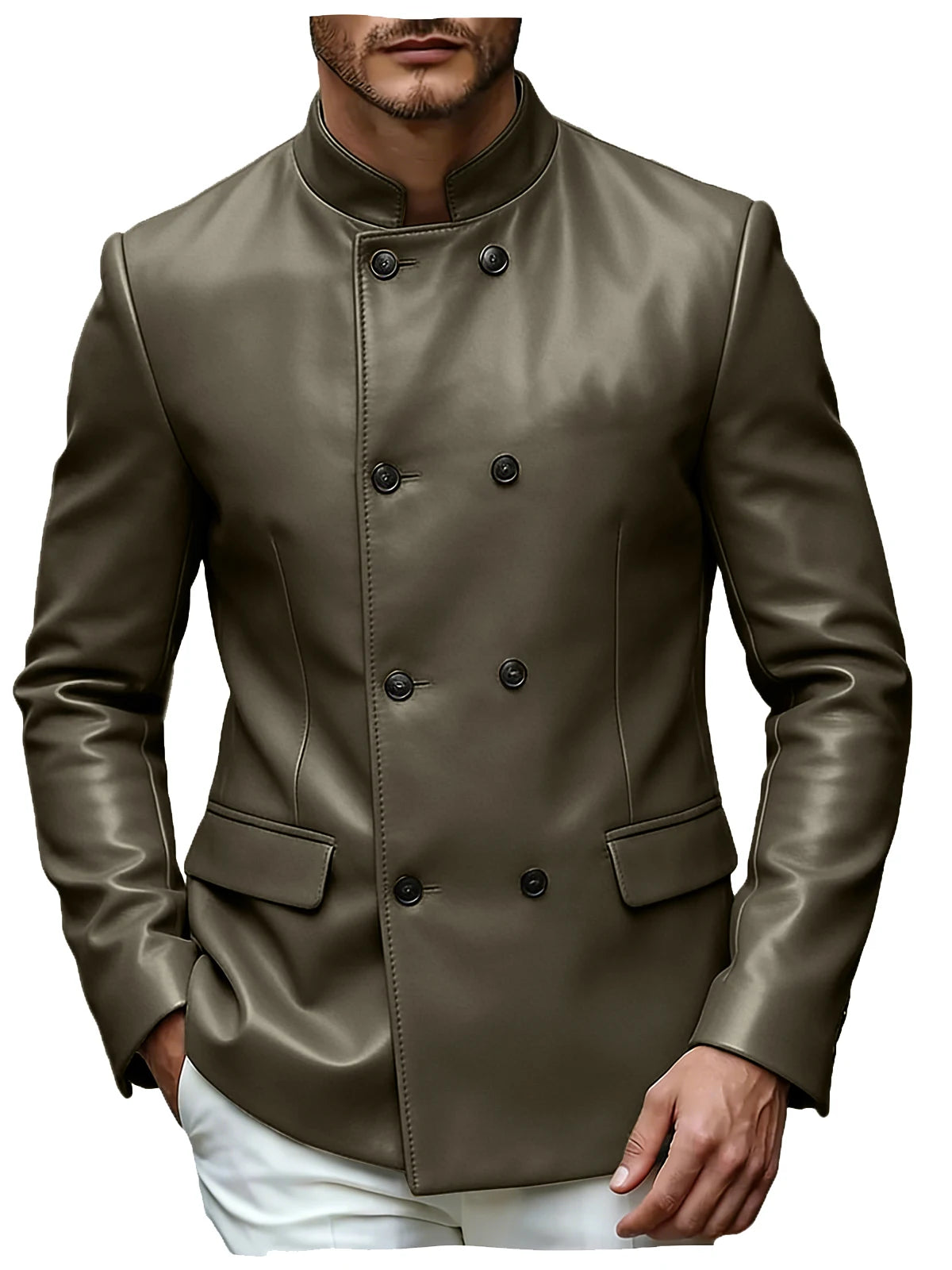Men’s Stand Collar Faux Leather Double Breasted Blazer