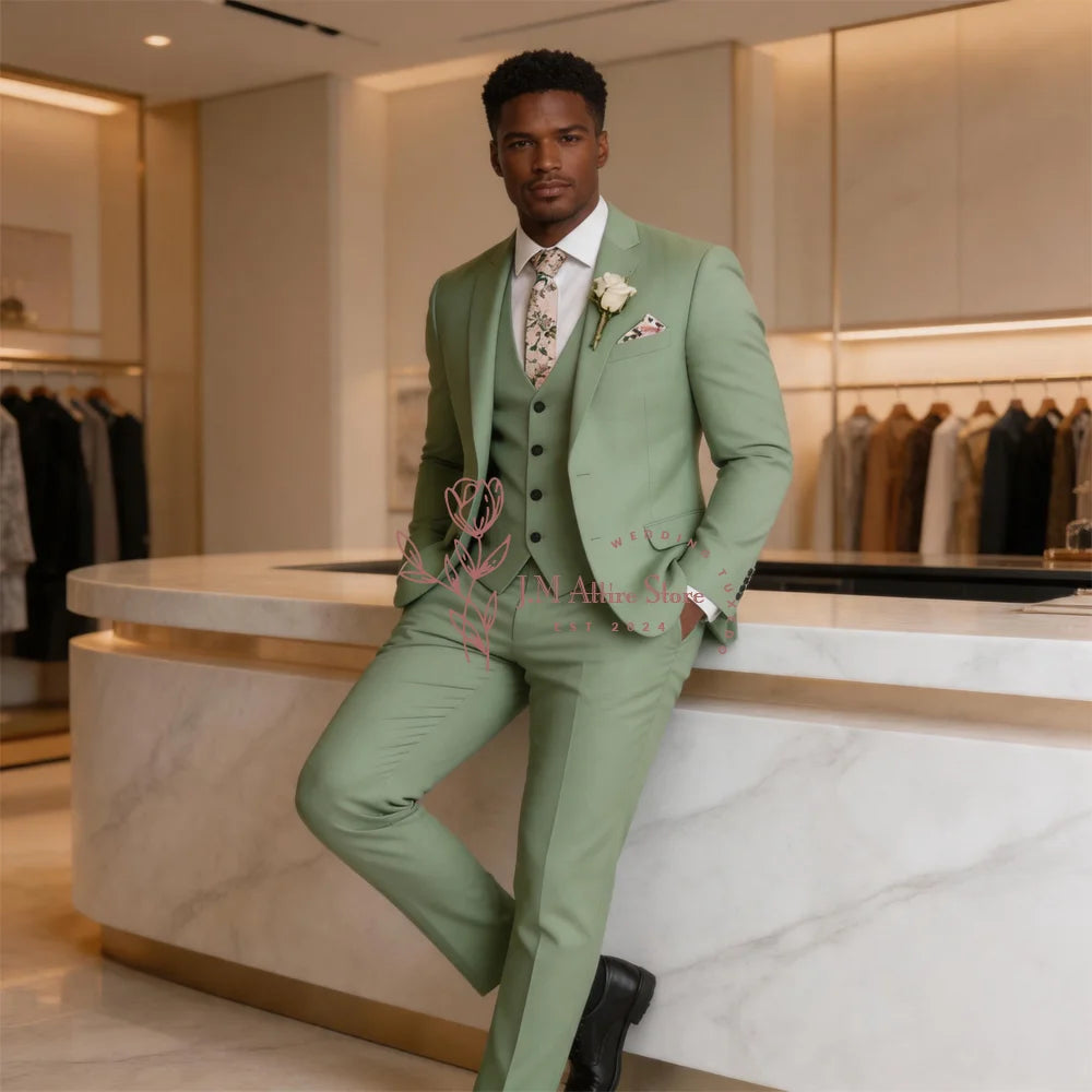 Men's Wedding Suit 3-Piece Military Green Jacket Vest Trousers