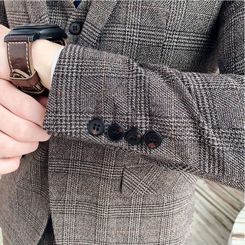 Boutique Suits (Blazer+ Vest + Pants) Men Fashion Hosting Work Business Wedding Casual Linen Art Style Elegant Gentleman's Suit Koala Sydney 
