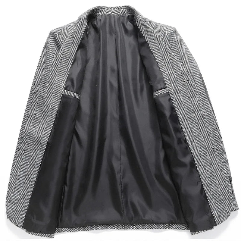 Men's Wool Blazer Herringbone Pattern Casual Business Suit Jacket