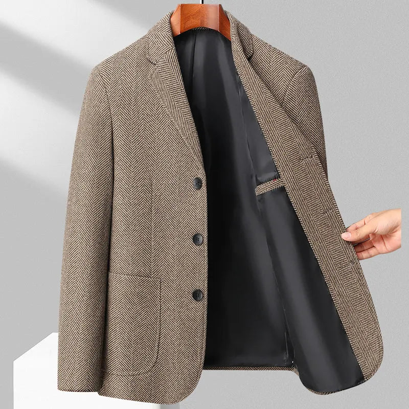 Men's Wool Blazer Herringbone Pattern Casual Business Suit Jacket