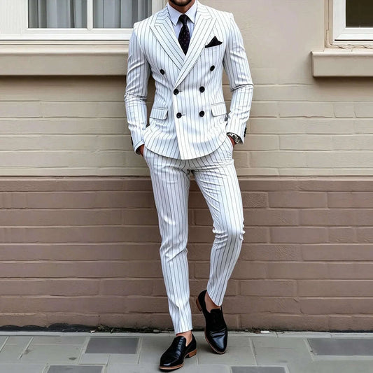 Men’s 2-Piece Slim Fit Suit Set – White Stripe Double Breasted Blazer & Pants