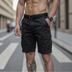 Mens Black Cargo Shorts Muscular Fitness Styling with Belt and Watch Casual Urban Streetwear Look