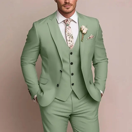 Men's Wedding Suit 3-Piece Military Green Jacket Vest Trousers