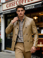 Men’s Stand Collar Faux Leather Double Breasted Blazer