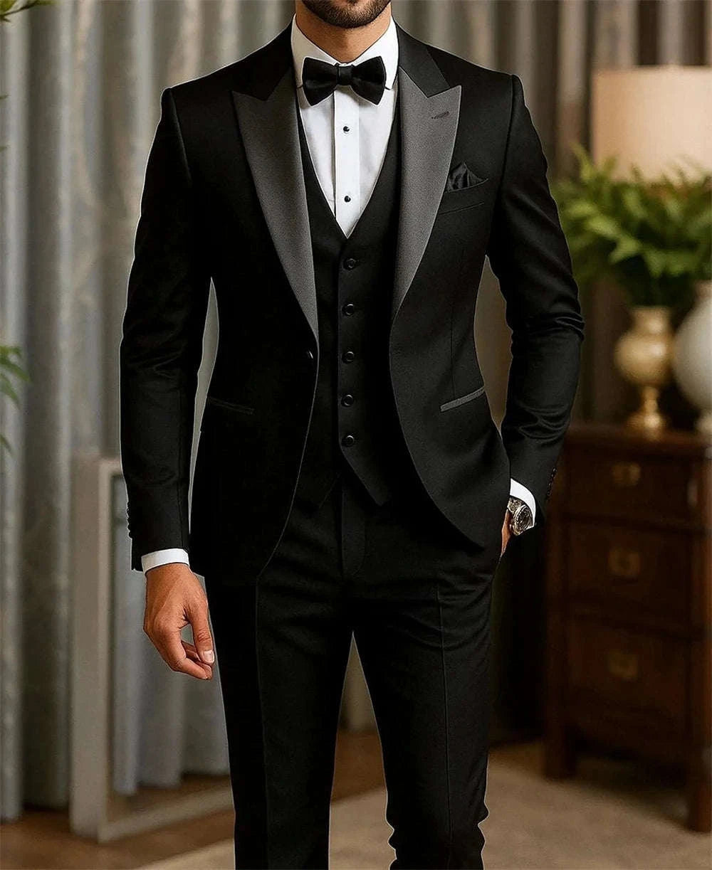 Men's Black 3-Piece Suit with Grey Lapel (Jacket+Vest+Pants) Koala Sydney 