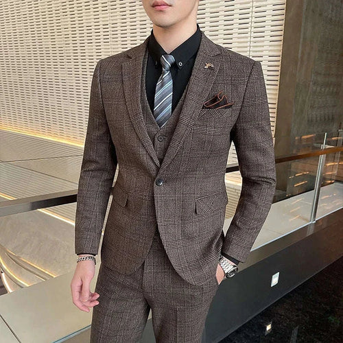 Boutique Suits (Blazer+ Vest + Pants) Men Fashion Hosting Work Business Wedding Casual Linen Art Style Elegant Gentleman's Suit Koala Sydney 