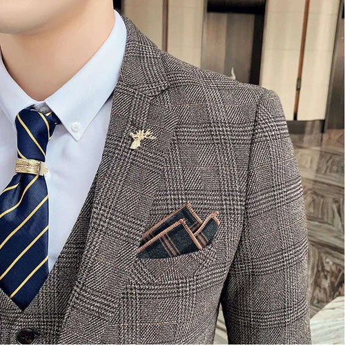 Boutique Suits (Blazer+ Vest + Pants) Men Fashion Hosting Work Business Wedding Casual Linen Art Style Elegant Gentleman's Suit Koala Sydney 