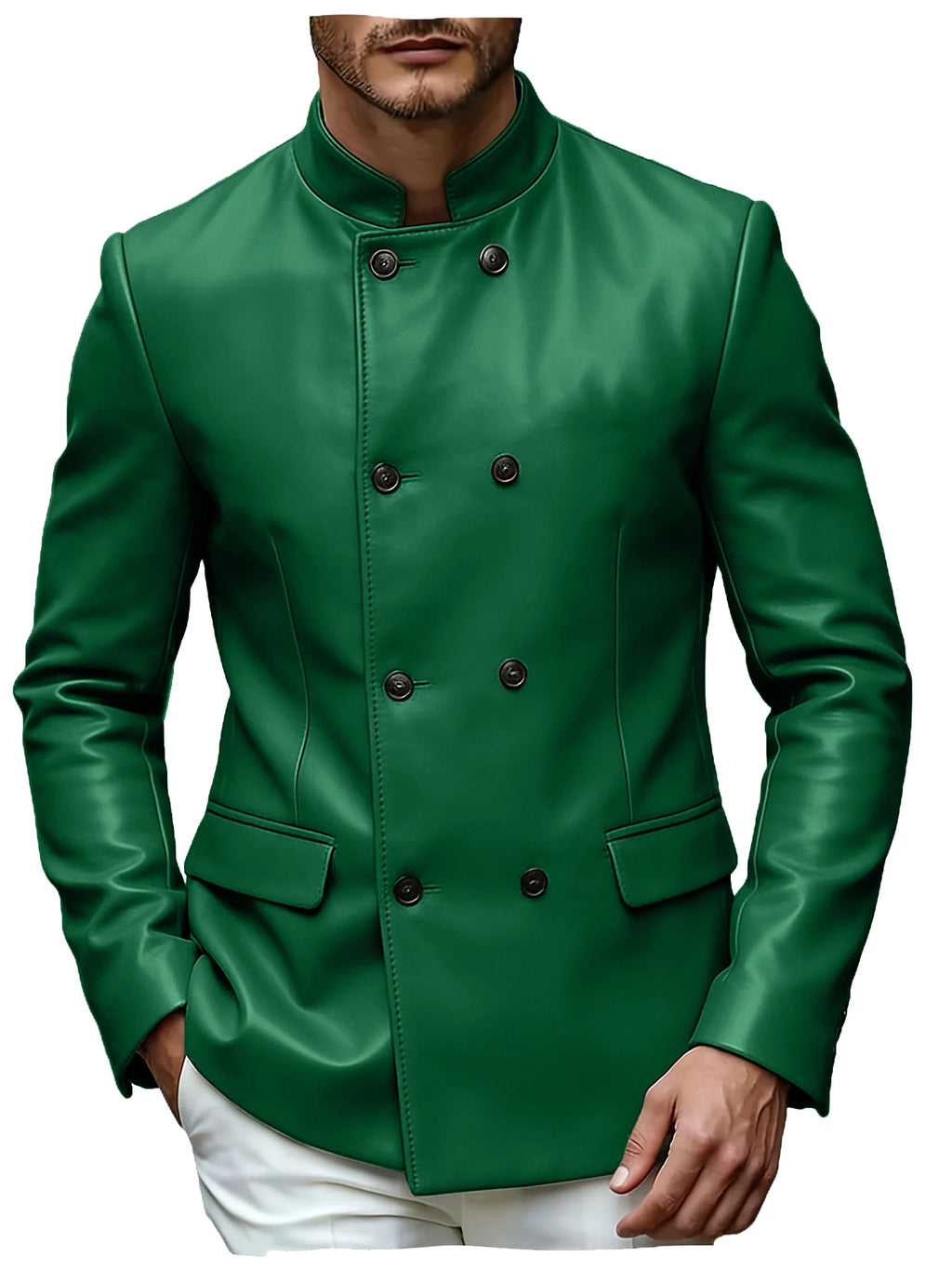 Men’s Stand Collar Faux Leather Double Breasted Blazer