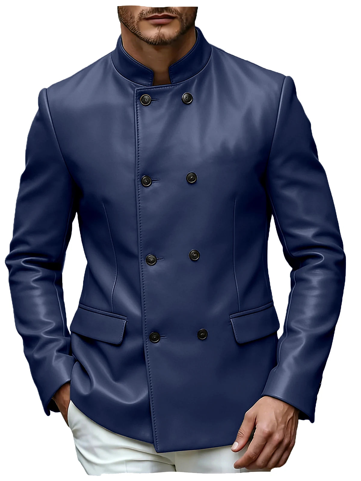 Men’s Stand Collar Faux Leather Double Breasted Blazer