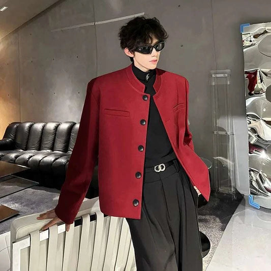 Wine Red Blazers Men Suit Jackets Casual Stand Collar Solid Color Male Short Coats Korean Trendy Men's Clothing Autumn New Koala Sydney 