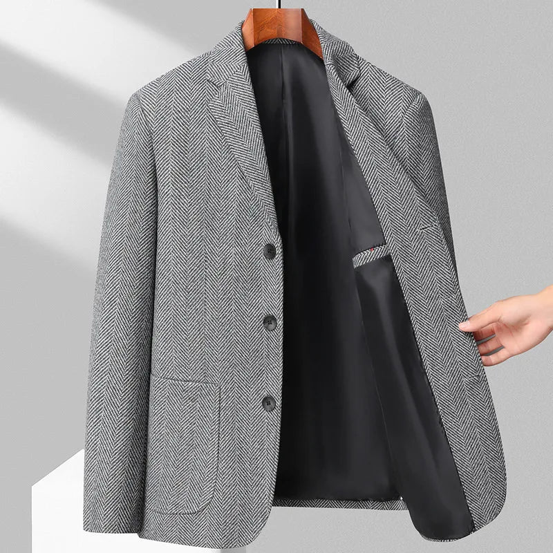 Men's Wool Blazer Herringbone Pattern Casual Business Suit Jacket