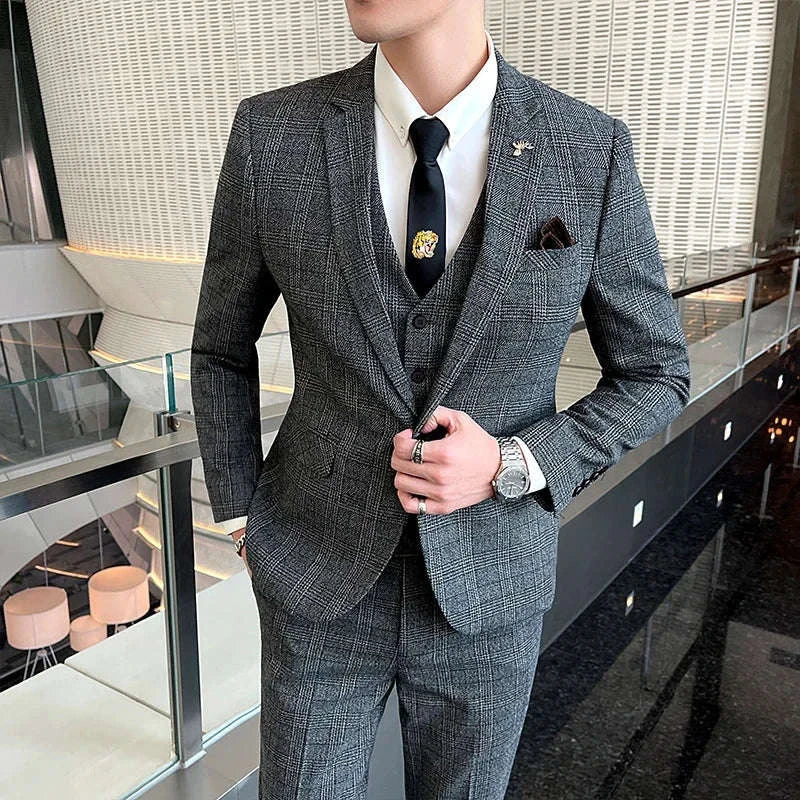 Boutique Suits (Blazer+ Vest + Pants) Men Fashion Hosting Work Business Wedding Casual Linen Art Style Elegant Gentleman's Suit Koala Sydney 