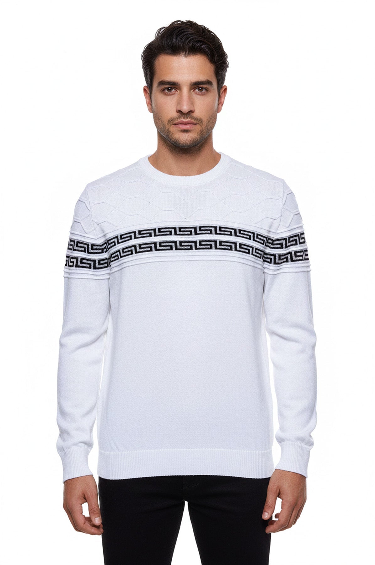 Circle Neck Knitwear Chest Patterned Over White - Wessi