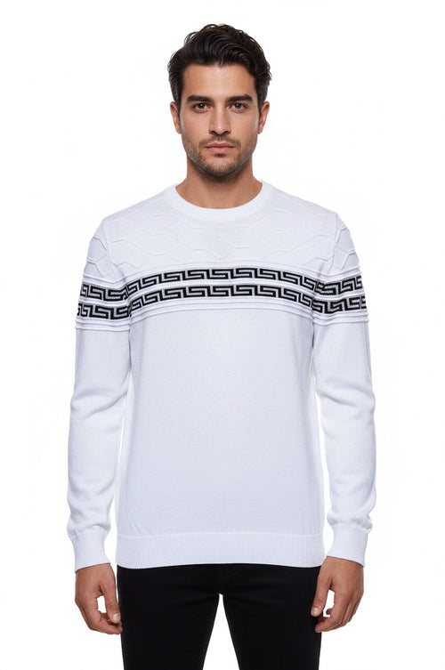 Circle Neck Knitwear Chest Patterned Over White - Wessi