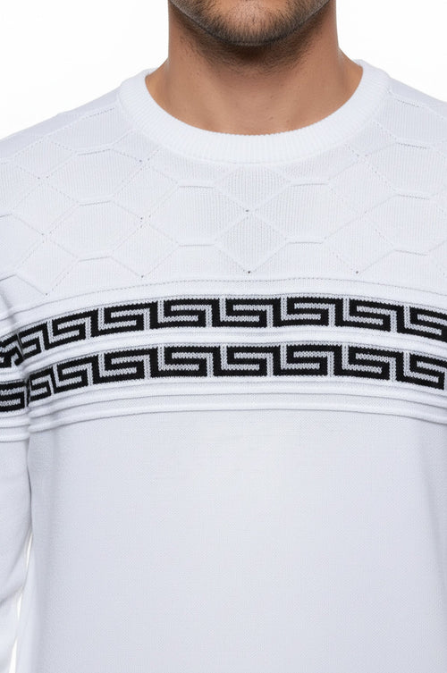 Circle Neck Knitwear Chest Patterned Over White - Wessi
