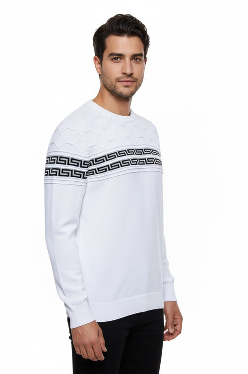 Circle Neck Knitwear Chest Patterned Over White - Wessi