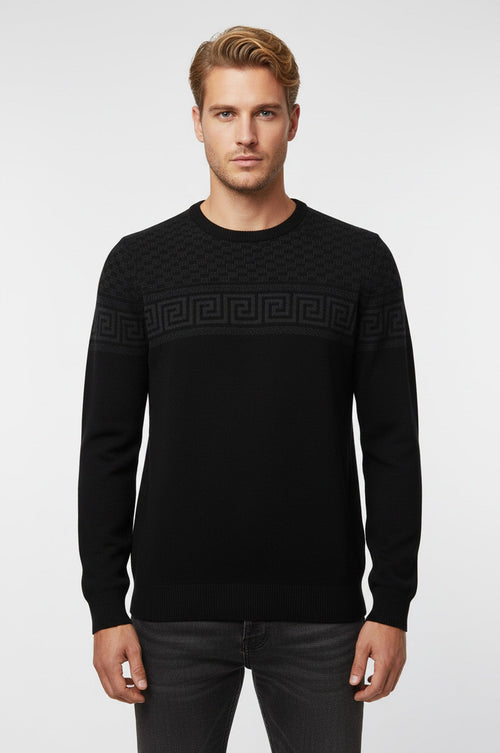 Crew Neck Knitwear Chest Patterned Over Black - Wessi