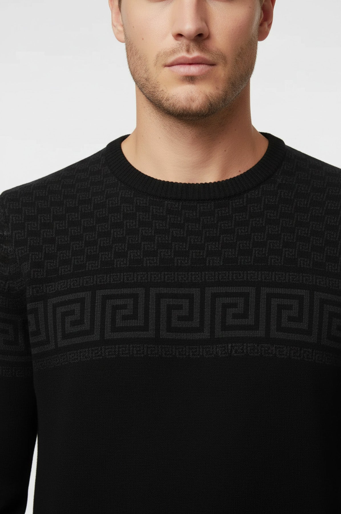 Crew Neck Knitwear Chest Patterned Over Black - Wessi