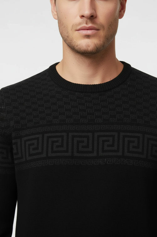 Crew Neck Knitwear Chest Patterned Over Black - Wessi