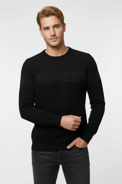 Crew Neck Knitwear Chest Patterned Over Black - Wessi