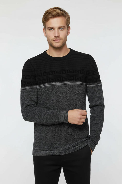 Chest Patterned Circle Neck Grey Men Knitwear - Wessi