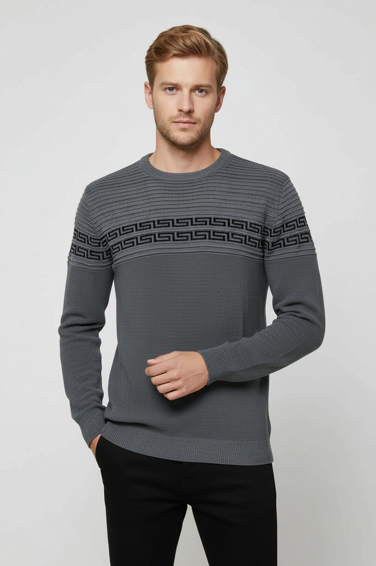 Crew Neck Knitwear Chest Patterned Over Grey - Wessi