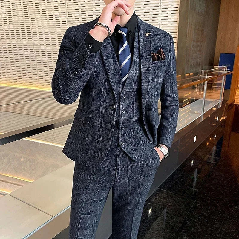 Boutique Suits (Blazer+ Vest + Pants) Men Fashion Hosting Work Business Wedding Casual Linen Art Style Elegant Gentleman's Suit Koala Sydney 