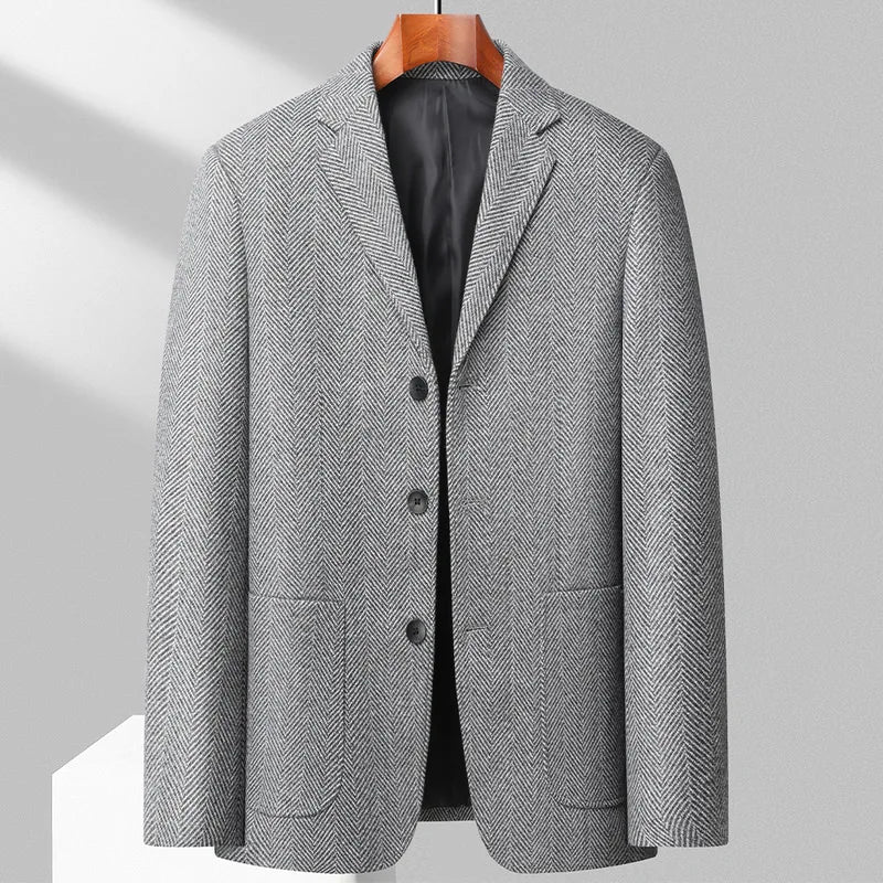 Men's Wool Blazer Herringbone Pattern Casual Business Suit Jacket